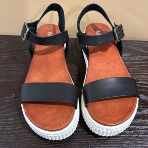 MIA Eliza Size 7 1/2 Black / Tan Strappy with White Wedge Rubber Sole